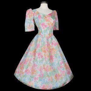 Vintage 80s 90s Pastel Floral Print Full Skirt Prom Garden Party Prom Dress XL